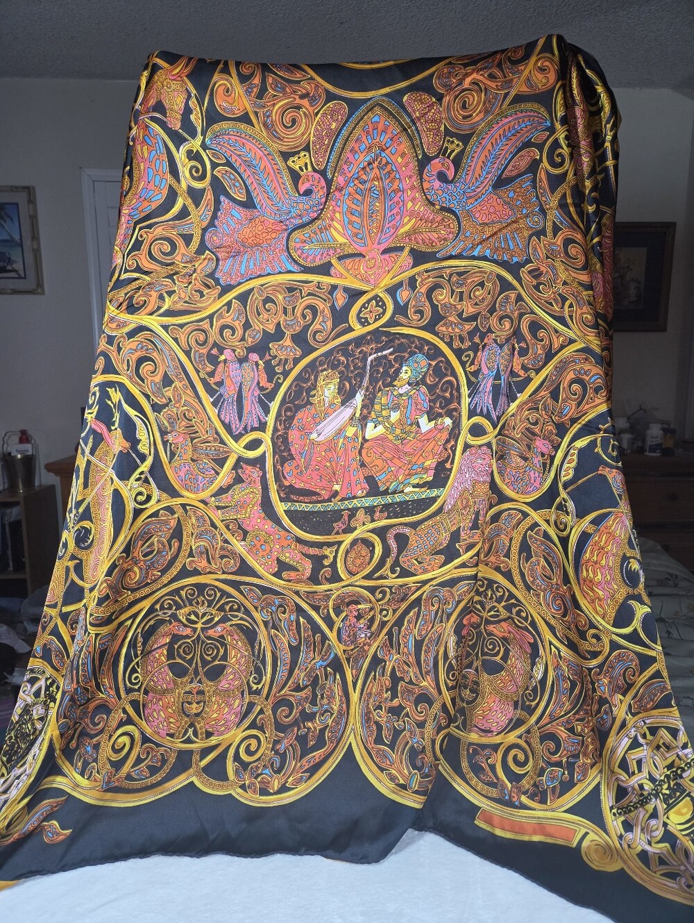Source Unknown Black Scarf with Gold, Pink and Blue Ornamental Paisley